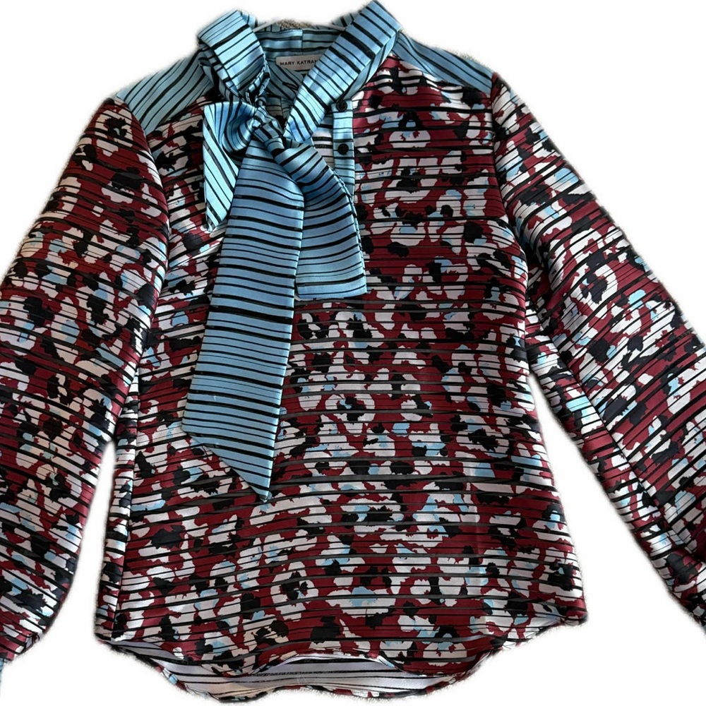 Mary Katrantzou Multicolor Signature Print Silk Tie-Neck Blouse US 6